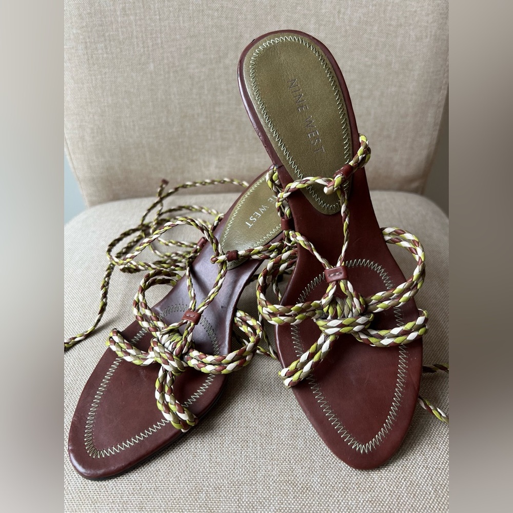 LIKE NEW! | Nine West Leather Lace-Up Heels | Olive Green, Brown, Cream | US 6